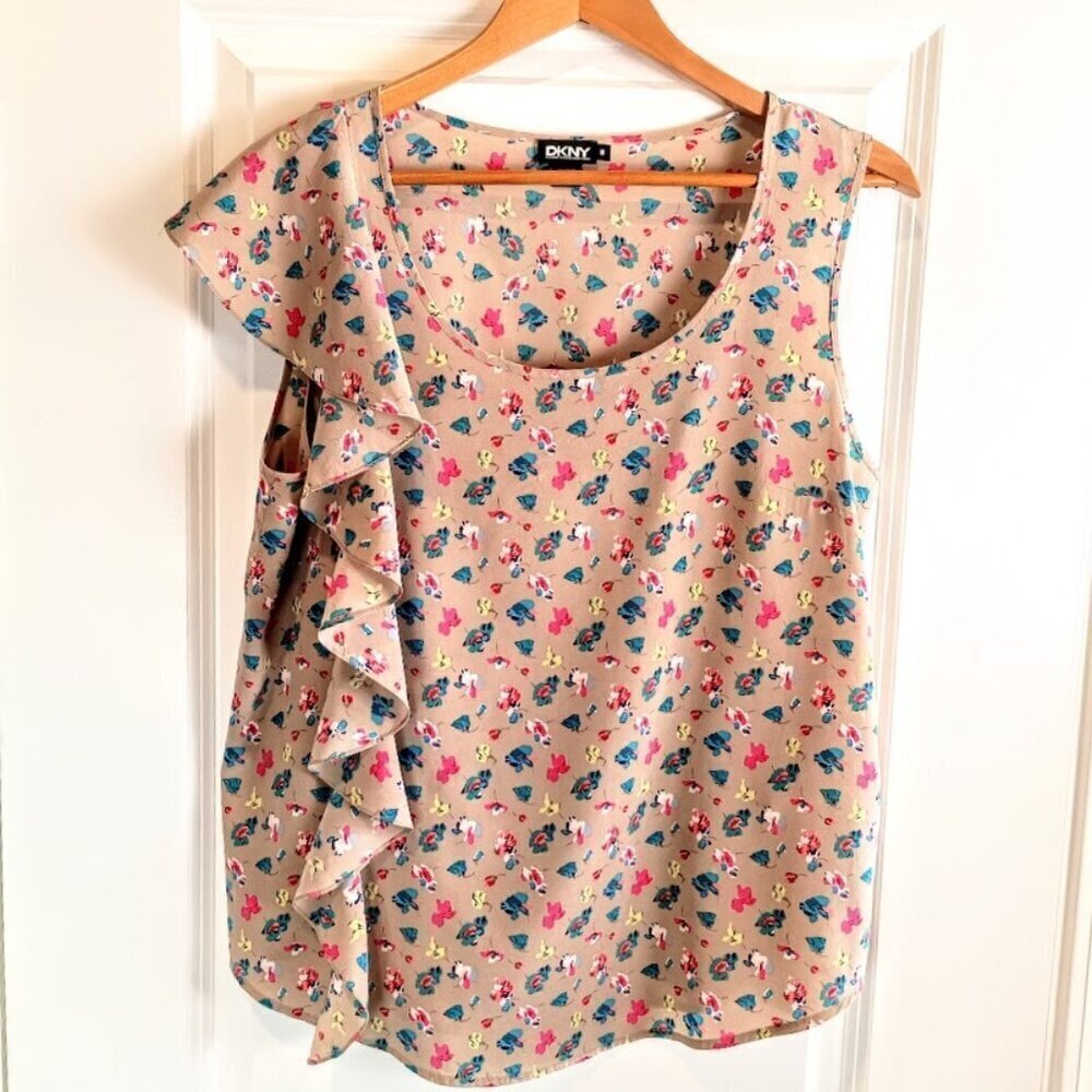 DKNY Tan Multicolor Floral Silk Flutter Ruffle Tank Top